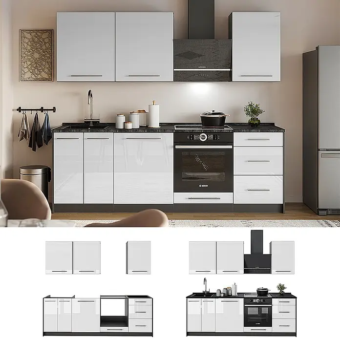 Vicco Küchenzeile - Weiß Hochglanz, Ohne Elektrogeräte - Moderne Küche mit weißen Hochglanzschränken, dunklen Arbeitsplatten und schwarzen Geräten: Backofen, Kochfeld und Spüle.