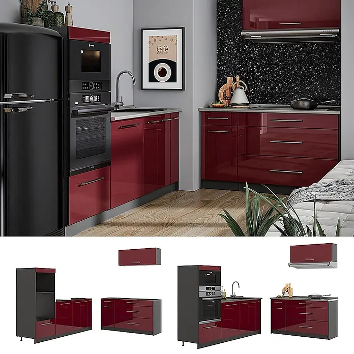 Vicco Küchenzeile - Breite: 340 cm, Bordeaux Hochglanz, Ohne Elektrogeräte - Modulare Küche mit hochglänzenden roten und dunkelgrauen Schränken, integriertem Ofen, Spüle und einem schwarzen Retro-Kühlschrank.