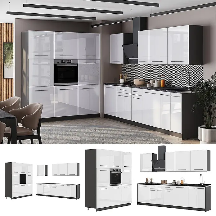 Vicco Küchenzeile - Weiß Hochglanz, Ohne Elektrogeräte - Moderne Modulküche mit hochglänzenden weißen Schränken, schwarzen Arbeitsplatten und schwarzem Sockel, inkl. Backofen und Dunstabzugshaube.
