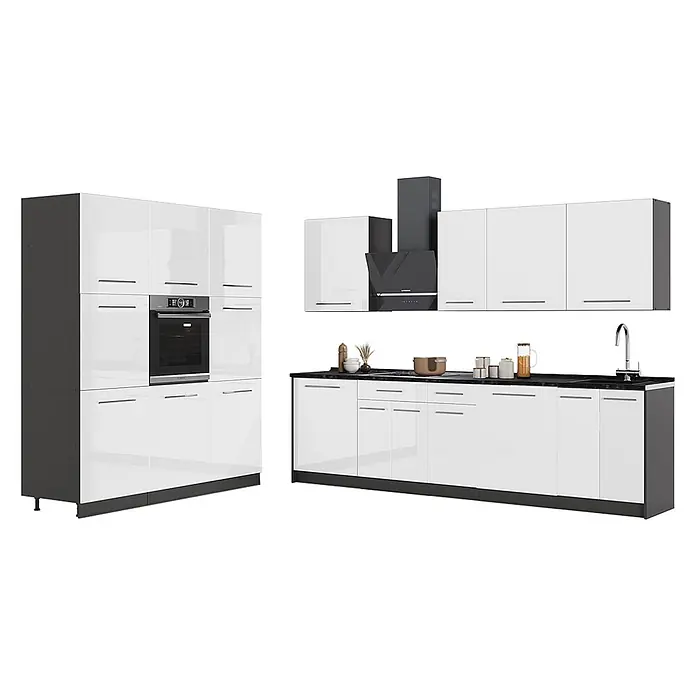Vicco Küchenzeile - Weiß Hochglanz, Ohne Elektrogeräte - Moderne Küchenzeile mit hochglänzenden weißen Schränken, dunklen Arbeitsplatten und integrierten Geräten (Ofen, Kochfeld, Spüle).