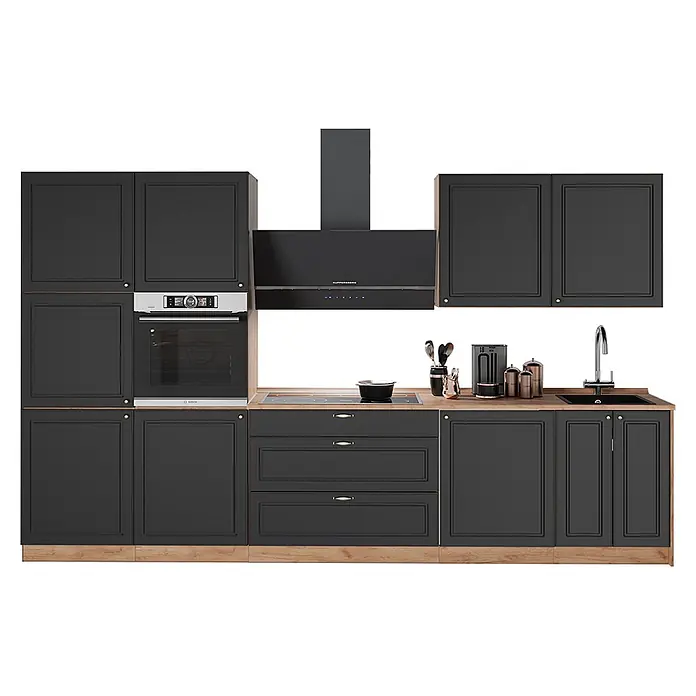 Vicco Küchenzeile - Breite: 340 cm, Anthrazit-Gold Landhaus, Ohne Elektrogeräte - Moderne Küchenzeile mit dunkelgrauen Schränken und hellen Holz-Arbeitsplatten, integriertem Backofen, Kochfeld, Spüle und Dunstabzugshaube.