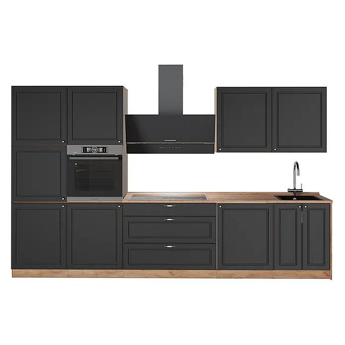 Vicco Küchenzeile - Breite: 340 cm, Anthrazit-Gold Landhaus, Ohne Elektrogeräte - Schwarze Küchenschränke mit Holzarbeitsplatte, integriertem Backofen, Kochfeld, Dunstabzugshaube und Spüle.