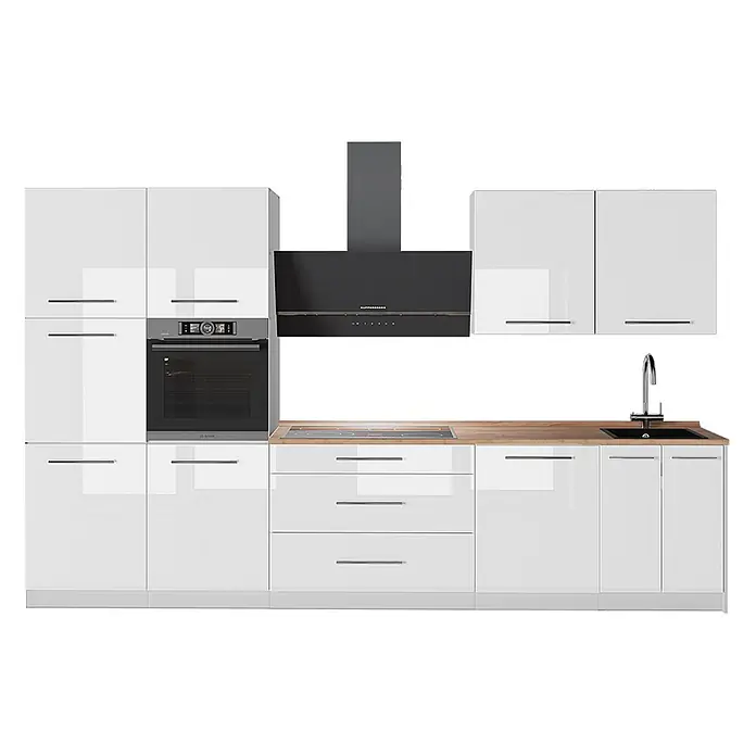Vicco Küchenzeile - Weiß Hochglanz, Ohne Elektrogeräte - Weiße Hochglanz-Küchenzeile mit integriertem Backofen, Kochfeld, Spüle und Dunstabzugshaube. Mit Arbeitsplatte in Holzoptik.