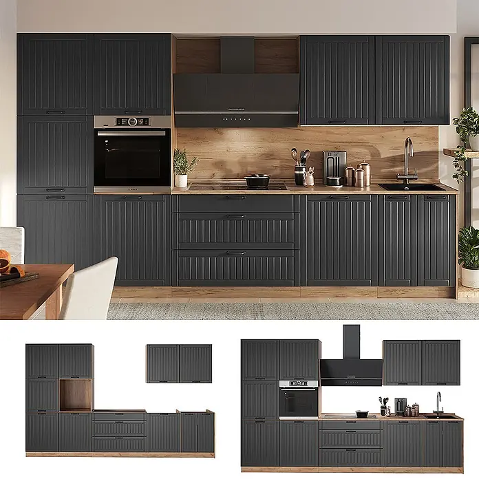 Vicco Küchenzeile - Breite: 340 cm, Dunkelgrau, Ohne Elektrogeräte - Dunkelgraue geriffelte Küchenschränke mit Holz-Arbeitsplatte und Rückwand, inklusive Backofen, Kochfeld und Spüle.