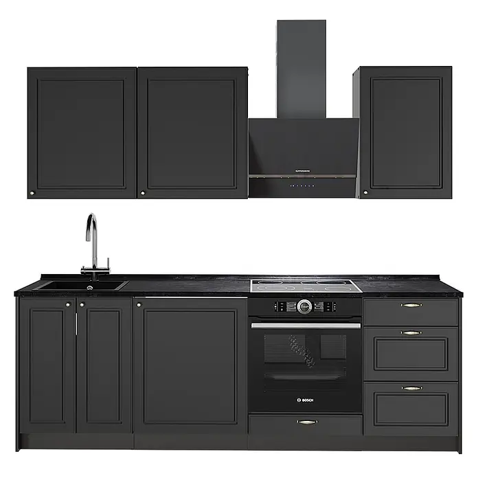 Vicco Küchenzeile - Breite: 230 cm, Anthrazit-Gold Landhaus, Ohne Elektrogeräte - Eine dunkelgraue, moderne Küchenzeile mit matten Schranktüren im Shaker-Stil, schwarzer Arbeitsplatte, Spüle, Einbauherd, Kochfeld und Dunstabzugshaube.