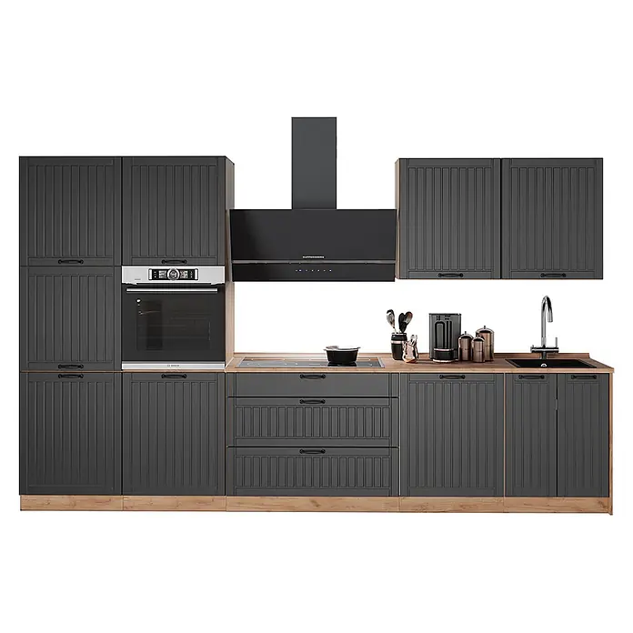 Vicco Küchenzeile - Breite: 340 cm, Dunkelgrau, Ohne Elektrogeräte - Moderne dunkelgraue Küche mit Holzarbeitsplatte, Einbauofen, Kochfeld, Spüle und Dunstabzugshaube.