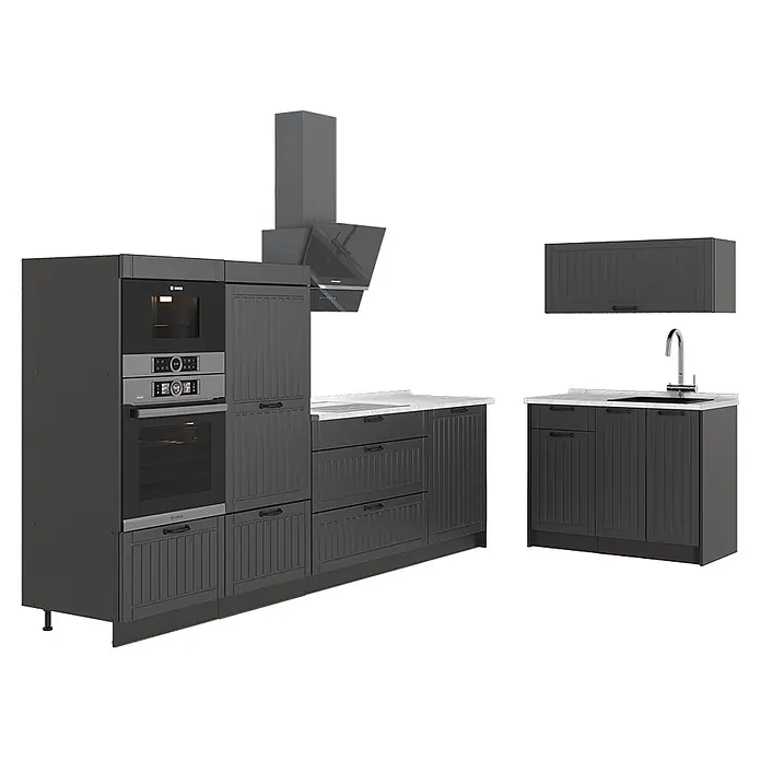 Vicco Küchenzeile - Dunkelgrau, Ohne Elektrogeräte - Dunkelgraue Küchenschränke mit integriertem Bosch Backofen, Mikrowelle, Dunstabzugshaube und Spülenunterschrank, mit gerippten Türen und heller Arbeitsplatte.