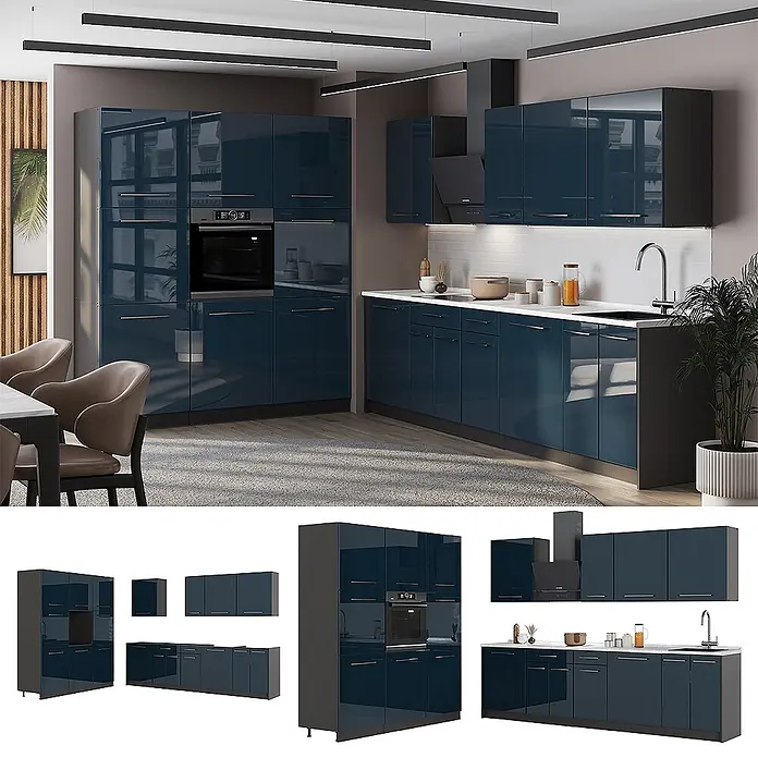 Vicco Küchenzeile - Dunkelblau Hochglanz, Ohne Elektrogeräte - Moderne Küche mit dunkelblauen, hochglänzenden Fronten, integriertem Backofen und Kochfeld, in häuslicher Umgebung.