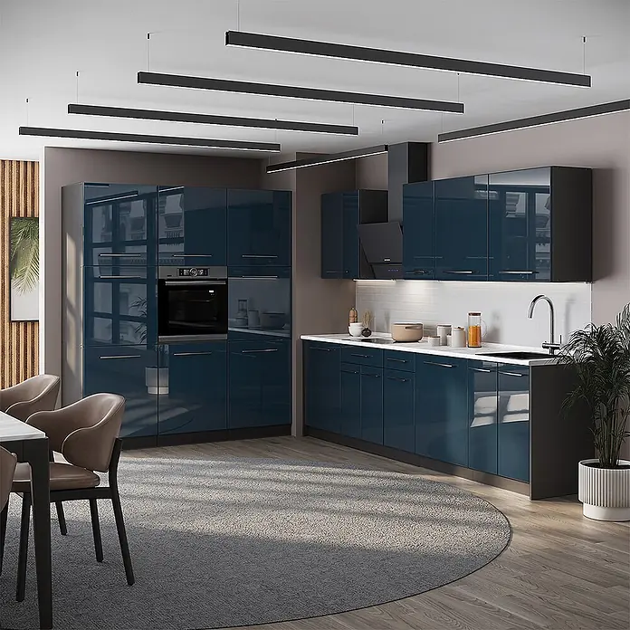 Vicco Küchenzeile - Dunkelblau Hochglanz, Ohne Elektrogeräte - Moderne, hochglänzende marineblaue Küchenschränke mit integriertem Ofen und Spüle, L-förmig angeordnet.