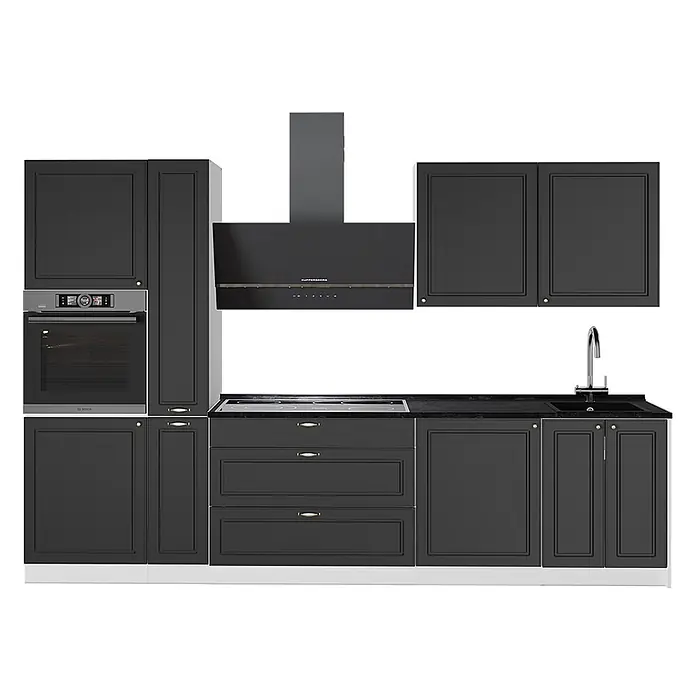 Vicco Küchenzeile - Breite: 310 cm, Anthrazit-Gold Landhaus, Ohne Elektrogeräte - Dunkelgraue Modulküche mit Ofen, Kochfeld, Spüle und Dunstabzugshaube. Mit klassischen Paneeltüren.