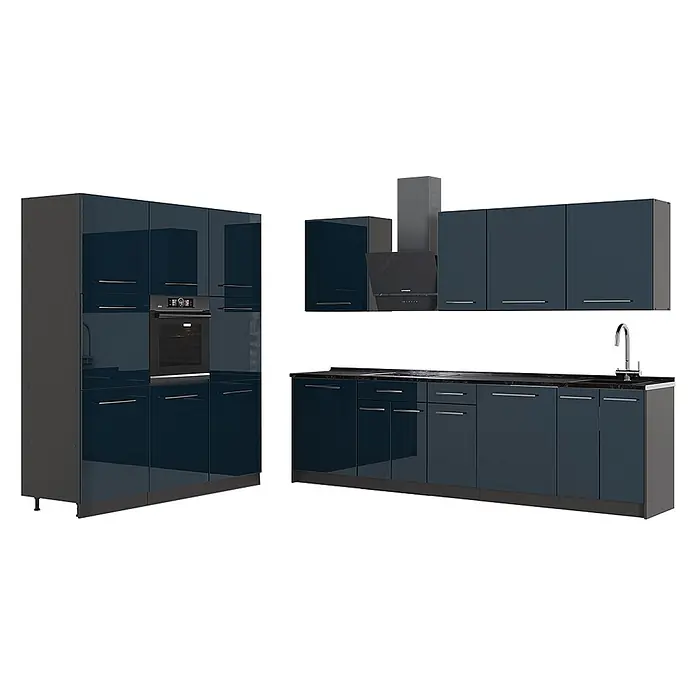 Vicco Küchenzeile - Dunkelblau Hochglanz, Ohne Elektrogeräte - Hochglanz-Dunkelblaue Einbauküche mit integriertem Backofen, Kochfeld, Spüle und Dunstabzugshaube.