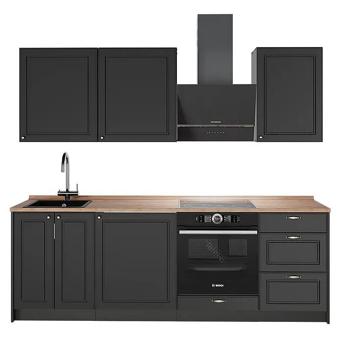 Vicco Küchenzeile - Breite: 230 cm, Anthrazit-Gold Landhaus, Ohne Elektrogeräte - Schwarze Küchenschränke mit Holztheke, Spüle, Induktionskochfeld, Backofen und Dunstabzugshaube.