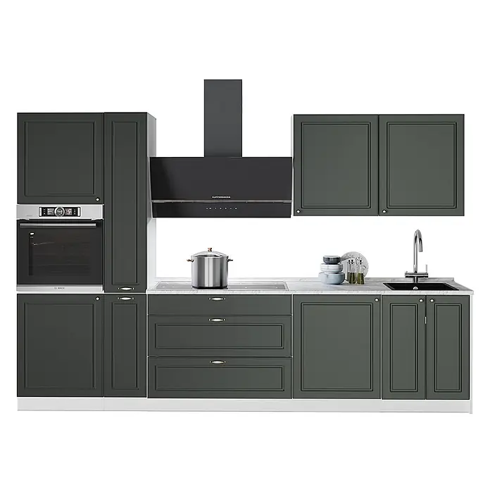 Vicco Küchenzeile - Breite: 310 cm, Grün-Gold Landhaus, Ohne Elektrogeräte - Dunkelgrüne Küchenzeile mit integriertem Backofen, Kochfeld, Dunstabzugshaube und Spüle. Mit dekorativen Paneelen und messingfarbenen Griffen.