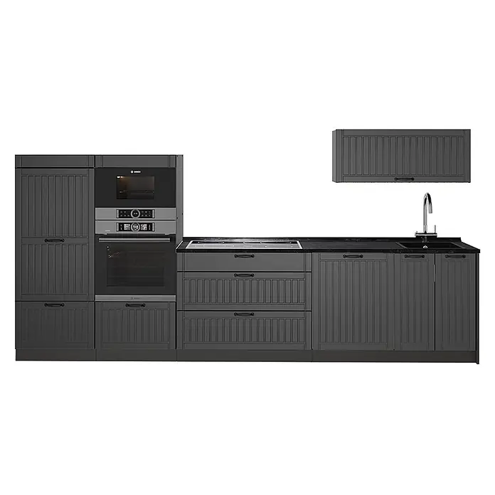 Vicco Küchenzeile - Breite: 340 cm, Dunkelgrau, Ohne Elektrogeräte - Dunkelgraue modulare Küchenzeile mit Kassettenfronten, schwarzen Griffen, integriertem Bosch-Ofen, Mikrowelle, Induktionskochfeld und Spüle.