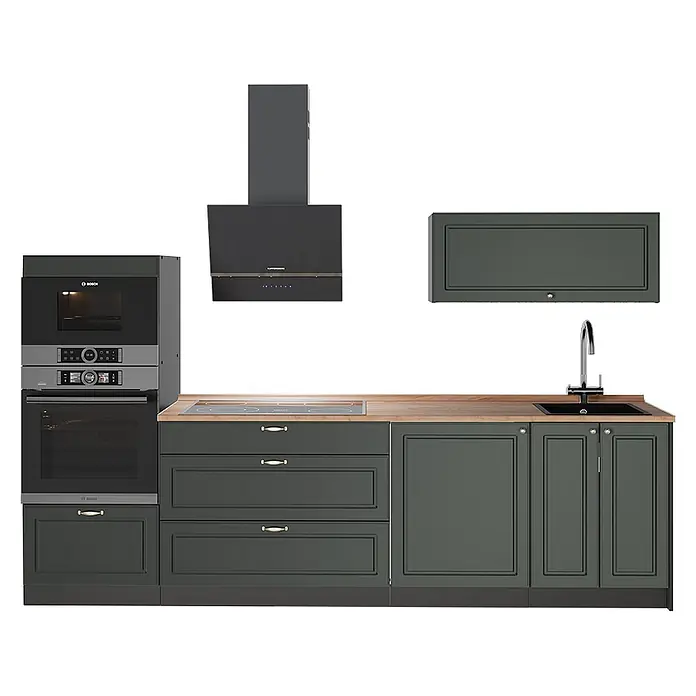 Vicco Küchenzeile - Breite: 280 cm, Grün-Gold Landhaus, Ohne Elektrogeräte - Moderne dunkelgraue Küchenzeile mit Holzplatte, Einbauöfen, Kochfeld, Spüle, Armatur und Wandhaube.