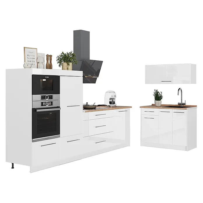 Vicco Küchenzeile - Weiß Hochglanz, Ohne Elektrogeräte - Moderne weiße Hochglanzküche mit Holztheken, integriertem Bosch Ofen/Mikrowelle, Kochfeld, Dunstabzugshaube und Spüle.