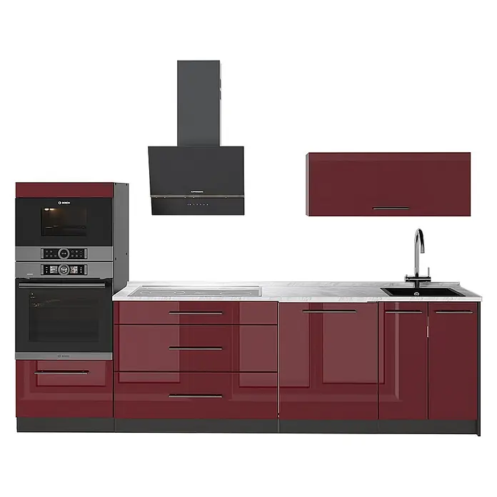 Vicco Küchenzeile - Breite: 280 cm, Bordeaux Hochglanz, Ohne Elektrogeräte - Moderne Küche mit glänzend weinroten Schränken, weißer Arbeitsplatte, Spüle, Kochfeld, Bosch-Öfen und Dunstabzugshaube.