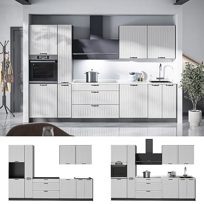 Vicco Küchenzeile - Breite: 310 cm, Weiß Landhaus, Ohne Elektrogeräte - Weiße Modulküche mit gerillten Schranktüren, schwarzen Griffen, integriertem Backofen, Kochfeld, Dunstabzugshaube und Spüle, in modernem Ambiente.