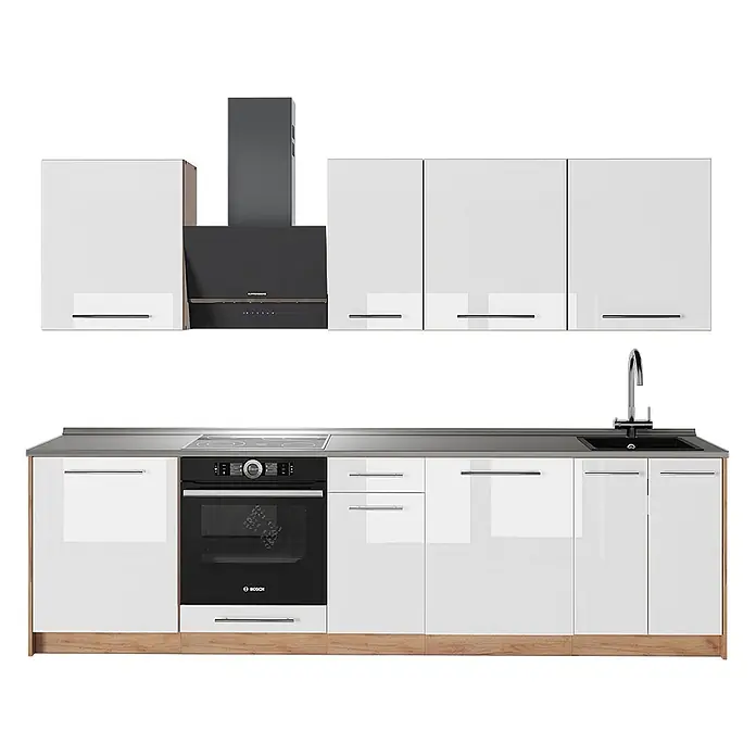 Vicco Küchenzeile - Weiß Hochglanz, Ohne Elektrogeräte - Moderne Küche mit glänzenden weißen Schränken, dunkler Arbeitsplatte, Einbauofen, Kochfeld, Spüle, Wasserhahn und schwarzer Dunstabzugshaube.