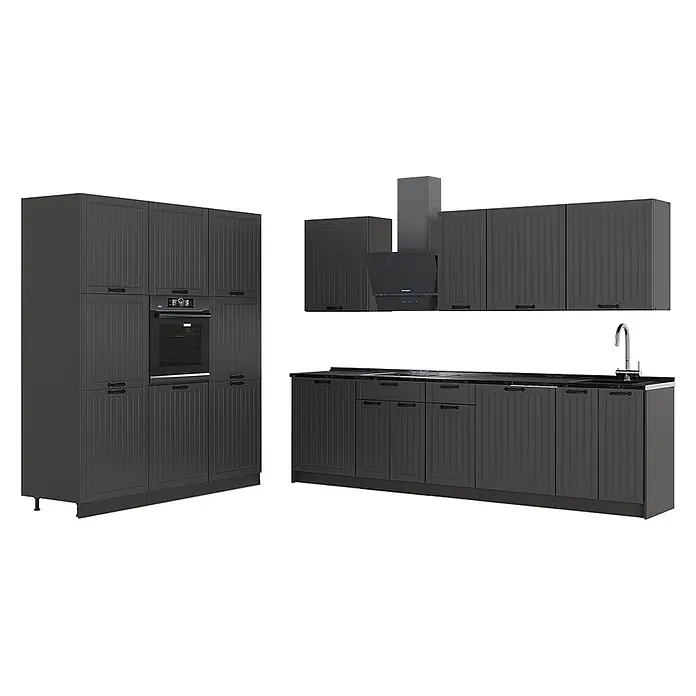 Vicco Küchenzeile - Breite: 460 cm, Dunkelgrau, Ohne Elektrogeräte - Dunkelgraue modulare Küchenschränke mit integriertem Backofen, Kochfeld, Spüle und Dunstabzugshaube, mit gerilltem Paneeldesign.