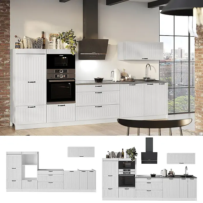 Vicco Küchenzeile - Weiß Landhaus, Ohne Elektrogeräte - Weiße Küche mit gerillten Schrankfronten und schwarzen Griffen, mit integrierten Öfen und Spüle, in modernem Ambiente.