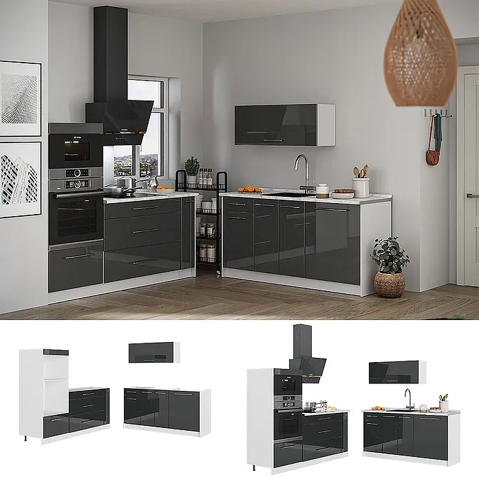 Vicco Küchenzeile - Breite: 340 cm, Anthrazit Hochglanz, Ohne Elektrogeräte - Modernes modulares Küchenset mit hochglänzenden dunkelgrauen Schränken, weißen Platten/Arbeitsplatten, integriertem Ofen, Herd, Spüle und Dunstabzugshaube.