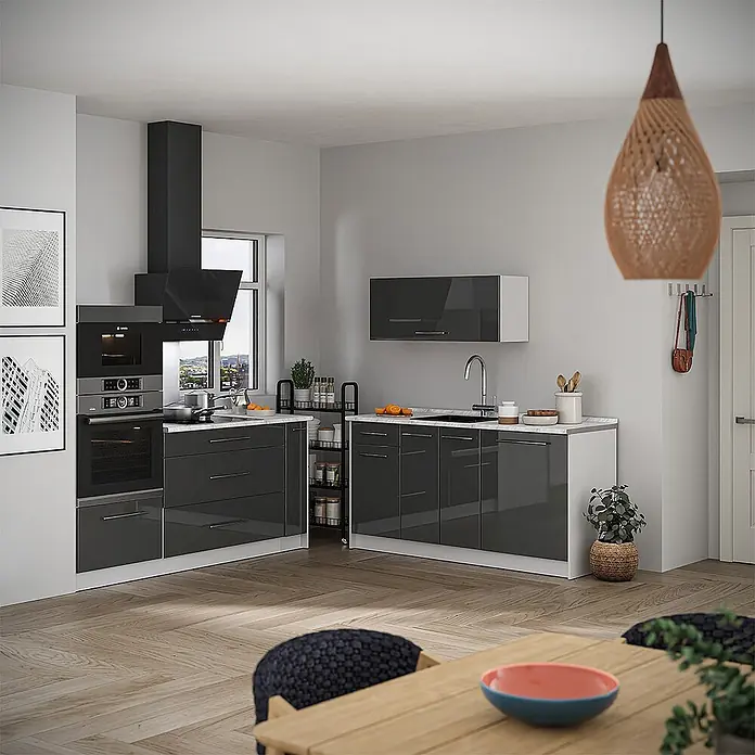 Vicco Küchenzeile - Breite: 340 cm, Anthrazit Hochglanz, Ohne Elektrogeräte - Moderne L-förmige Küche mit dunkelgrauen Hochglanzschränken und weißen Arbeitsplatten, mit integriertem Backofen, Kochfeld und Spüle.