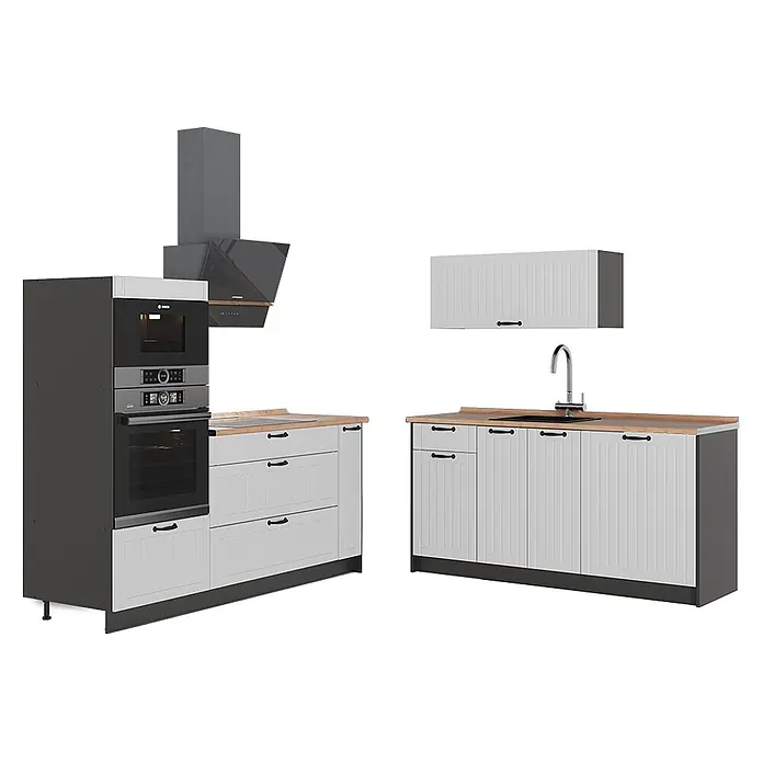 Vicco Küchenzeile - Breite: 340 cm, Weiß Landhaus, Ohne Elektrogeräte - Weiße Küchenmodule mit Holz-Arbeitsplatten, integriertem Backofen, Mikrowelle, Kochfeld, Dunstabzugshaube und Spüle.