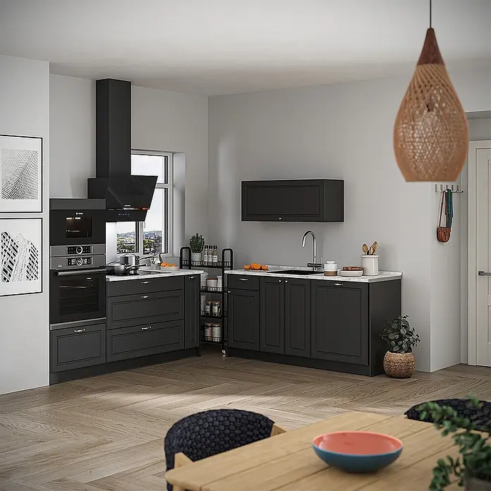 Vicco Küchenzeile - Breite: 340 cm, Anthrazit-Gold Landhaus, Ohne Elektrogeräte - Moderne dunkelgraue Küchenschränke mit weißer Arbeitsplatte, integrierten Geräten und schwarzer Dunstabzugshaube für eine elegante Küche.
