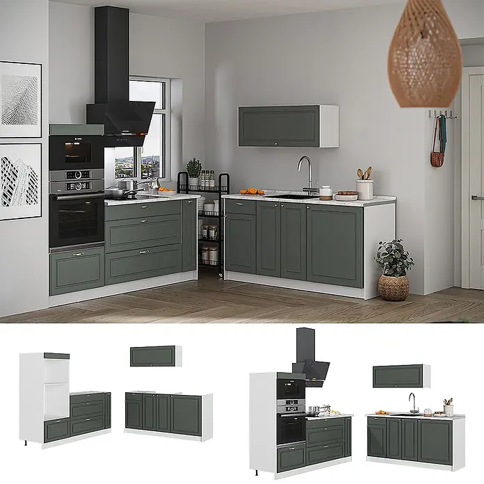 Vicco Küchenzeile - Breite: 340 cm, Grün-Gold Landhaus, Ohne Elektrogeräte - L-förmige Modulküche mit grünen Schränken, weißen Arbeitsplatten, integriertem Backofen, Kochfeld und Spüle.