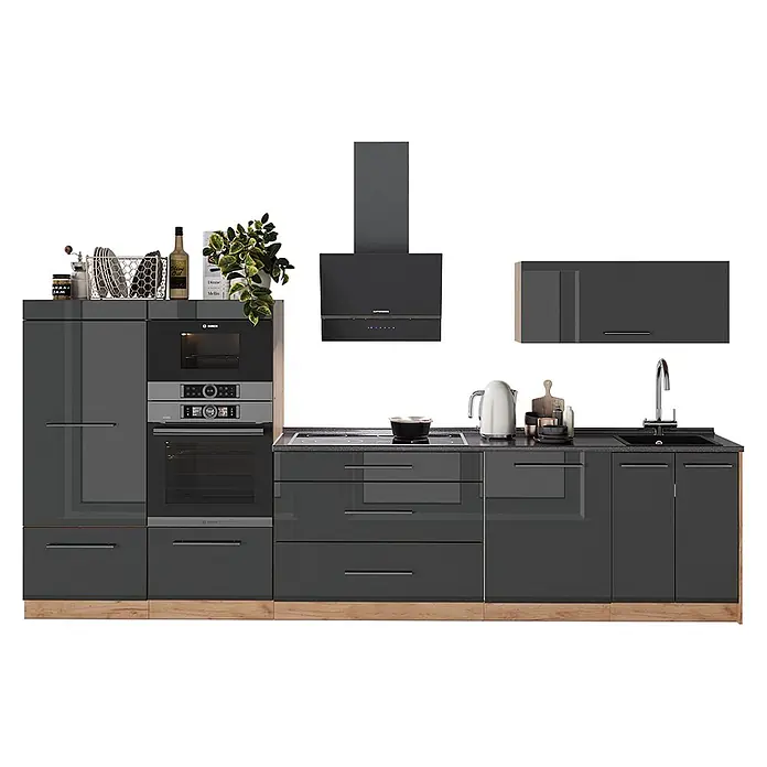 Vicco Küchenzeile - Breite: 340 cm, Anthrazit Hochglanz, Ohne Elektrogeräte - Eine moderne dunkelgraue Hochglanz-Küchenzeile mit integrierten Geräten, Holzsockel und dunklen Arbeitsplatten.
