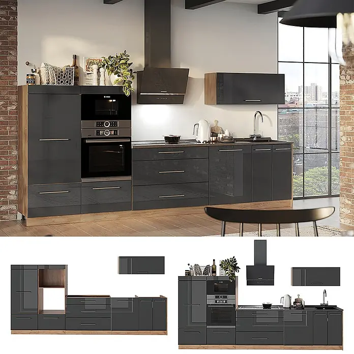 Vicco Küchenzeile - Breite: 340 cm, Anthrazit Hochglanz, Ohne Elektrogeräte - Moderne dunkelgraue Hochglanzküche mit Holzdetails, inklusive integriertem Backofen, Kochfeld und Spüle.