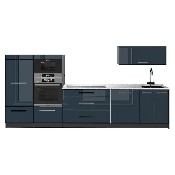 Vicco Küchenzeile - Dunkelblau Hochglanz, Ohne Elektrogeräte - Moderne, dunkelblaue Hochglanzküche mit integrierten Bosch-Geräten, Marmor-Arbeitsplatte und Spüle.