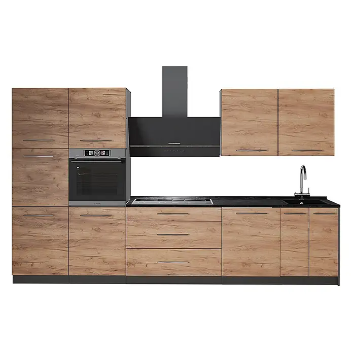 Vicco Küchenzeile - Goldkraft Eiche, Ohne Elektrogeräte - Moderne Küche mit Holzoptikschränken, schwarzer Arbeitsplatte, Backofen, Kochfeld, Spüle und Dunstabzugshaube.