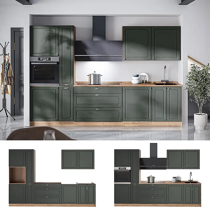 Vicco Küchenzeile - Breite: 310 cm, Grün-Gold Landhaus, Ohne Elektrogeräte - Moderne dunkelgrüne Küchenschränke mit Holzoptik-Sockel und Arbeitsplatten, integriertem Backofen und Spüle, in einem zeitgenössischen Zuhause.