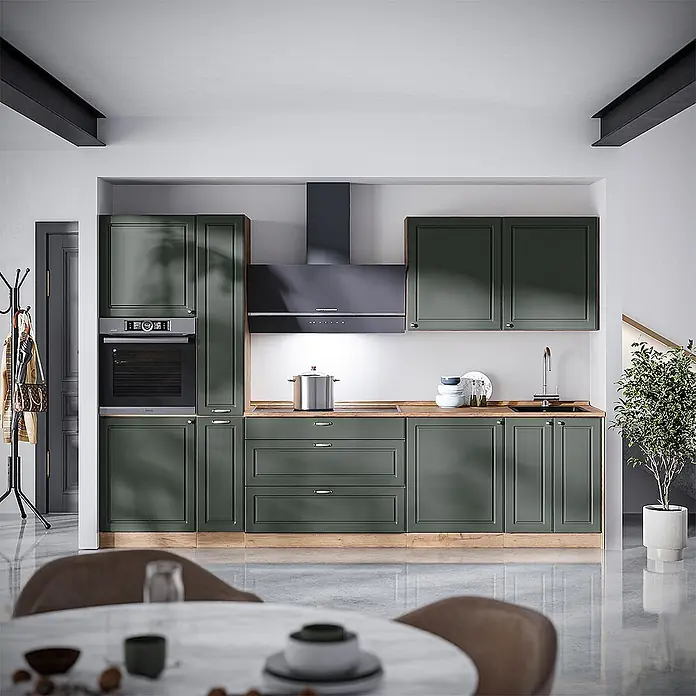 Vicco Küchenzeile - Breite: 310 cm, Grün-Gold Landhaus, Ohne Elektrogeräte - Moderne dunkelgrüne Küchenschränke mit Holz-Arbeitsplatten und integrierten Geräten in einem geräumigen Zimmer.