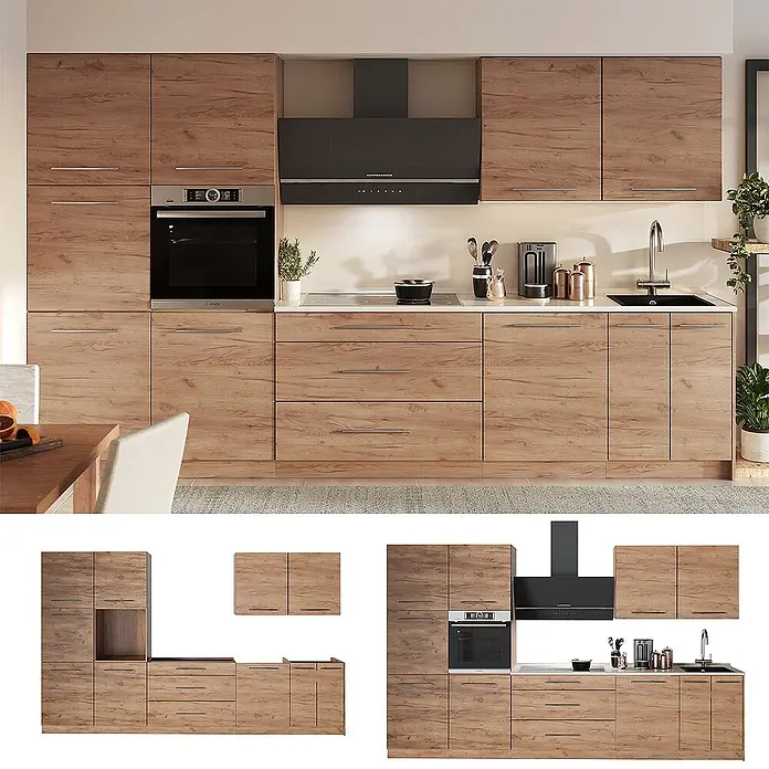 Vicco Küchenzeile - Breite: 340 cm, Goldkraft Eiche, Ohne Elektrogeräte - Moderne Küche mit hellbraunen Holzoptik-Schränken, integriertem Backofen, Kochfeld, Spüle und schwarzer Dunstabzugshaube.