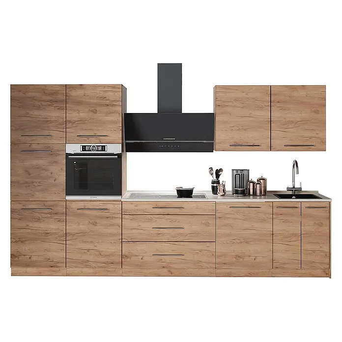 Vicco Küchenzeile - Breite: 340 cm, Goldkraft Eiche, Ohne Elektrogeräte - Moderne Küchenzeile mit hellbraunen Holzdekor-Schränken, schwarzen Geräten und weißer Arbeitsplatte.