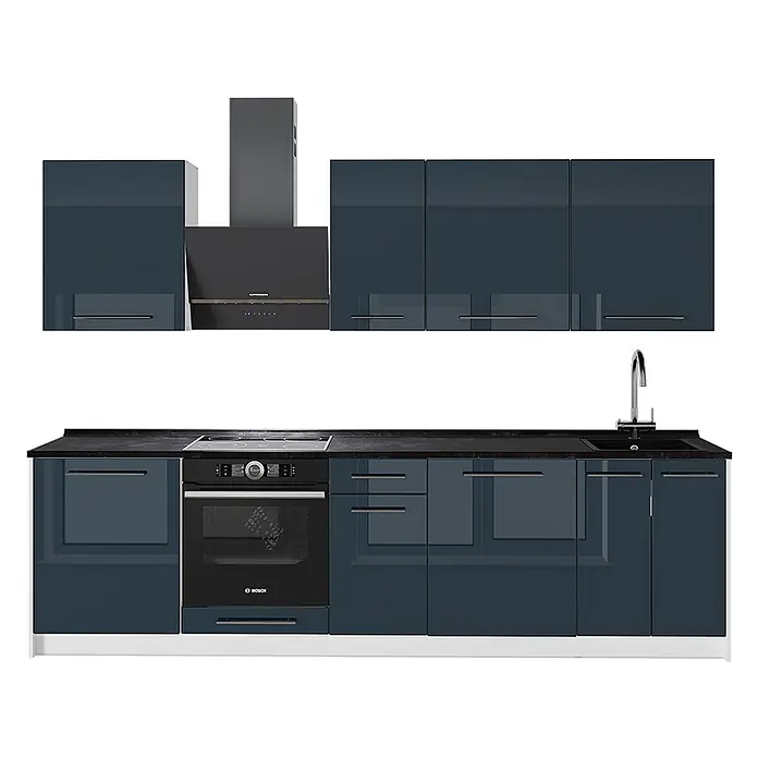 Vicco Küchenzeile - Breite: 280 cm, Dunkelblau Hochglanz, Ohne Elektrogeräte - Moderne Küchenzeile mit glänzenden blau-grauen Schränken, schwarzer Arbeitsplatte, Backofen, Kochfeld, Spüle und Dunstabzugshaube.
