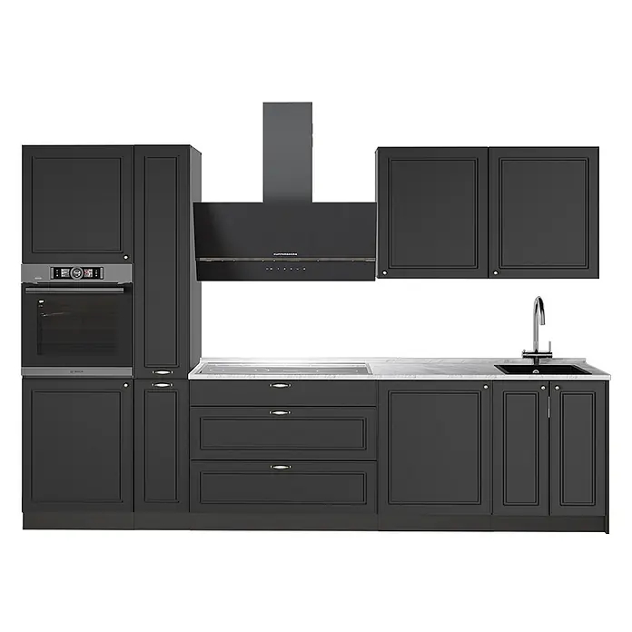 Vicco Küchenzeile - Breite: 310 cm, Anthrazit-Gold Landhaus, Ohne Elektrogeräte - Moderne dunkelgraue Küchenzeile mit integriertem Backofen, Kochfeld, Spüle und Dunstabzugshaube, mit Marmoroptik-Arbeitsplatte.