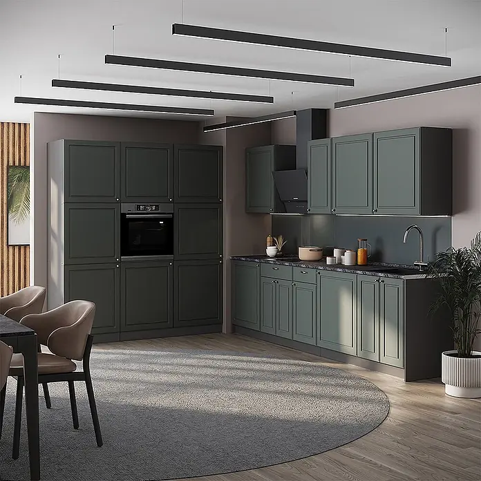 Vicco Küchenzeile - Breite: 460 cm, Grün-Gold Landhaus, Ohne Elektrogeräte - Moderne dunkelgrüne Küche mit integriertem Backofen, schwarzen Arbeitsplatten und Essbereich. Mit linearen Deckenleuchten.
