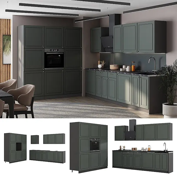 Vicco Küchenzeile - Breite: 460 cm, Grün-Gold Landhaus, Ohne Elektrogeräte - Moderne modulare Küche in Dunkelgrün mit Schranktüren im Shaker-Stil, integriertem Backofen und Spüle, in zeitgemäßer Küchenumgebung.
