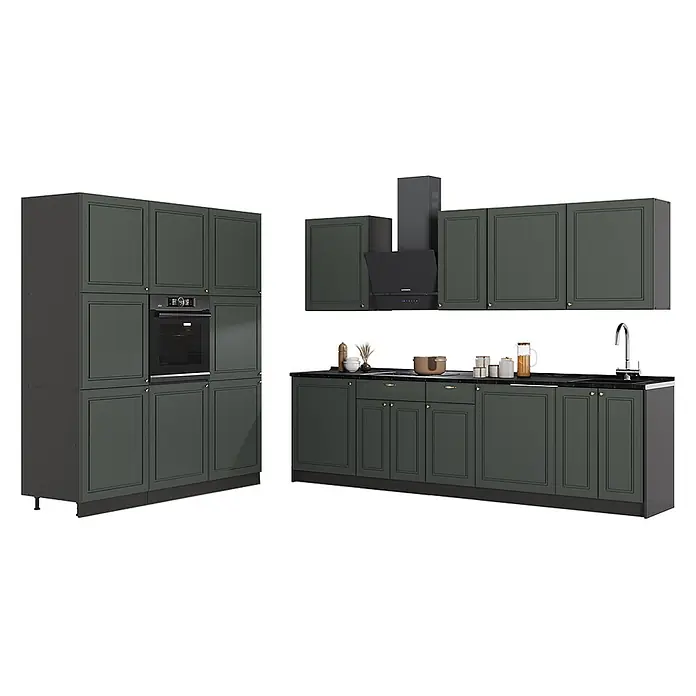 Vicco Küchenzeile - Breite: 460 cm, Grün-Gold Landhaus, Ohne Elektrogeräte - Dunkelgraue klassische Küchenzeile mit Einbauherd, Kochfeld, Spüle und Dunstabzugshaube. Schranktüren mit Kassettenfronten.