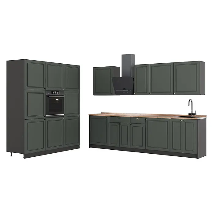 Vicco Küchenzeile - Breite: 460 cm, Grün-Gold Landhaus, Ohne Elektrogeräte - Modulare dunkelgraue Küche mit Kassettenfronten, Holz-Arbeitsplatte, Ofen, Kochfeld, Spüle, Armatur und Dunstabzugshaube.