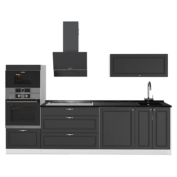 Vicco Küchenzeile - Breite: 280 cm, Anthrazit-Gold Landhaus, Ohne Elektrogeräte - Eine moderne dunkelgraue Küchenzeile mit eingebauten Bosch-Öfen, Induktionskochfeld, Spüle, Dunstabzugshaube und diversen Schränken mit goldfarbenen Griffen.