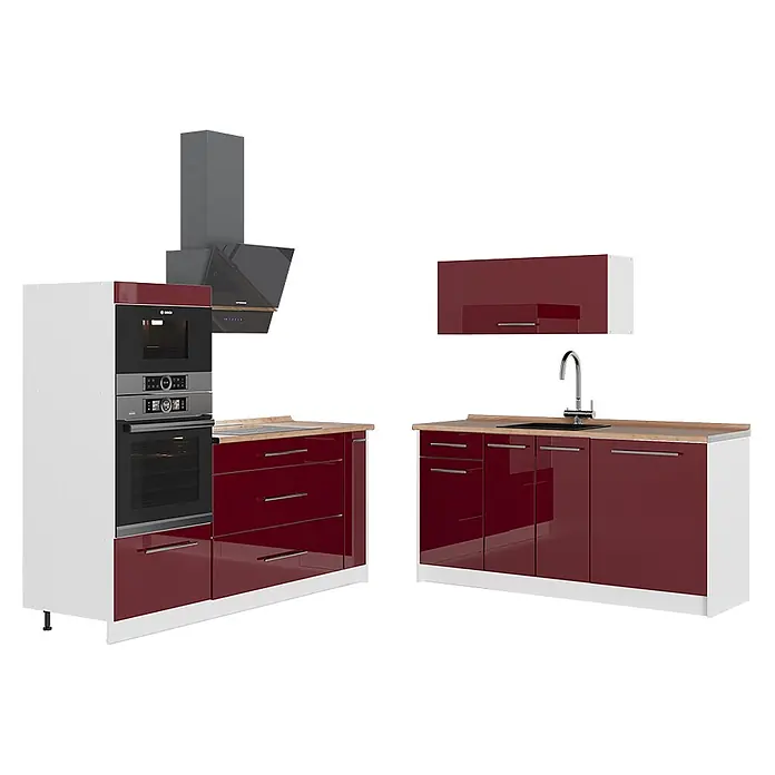 Vicco Küchenzeile - Breite: 340 cm, Bordeaux Hochglanz, Ohne Elektrogeräte - Moderne Küche mit glänzenden bordeauxroten Schränken, weißen Rahmen, Arbeitsplatten in Holzoptik, integriertem Backofen, Kochfeld, Spüle und Dunstabzugshaube.