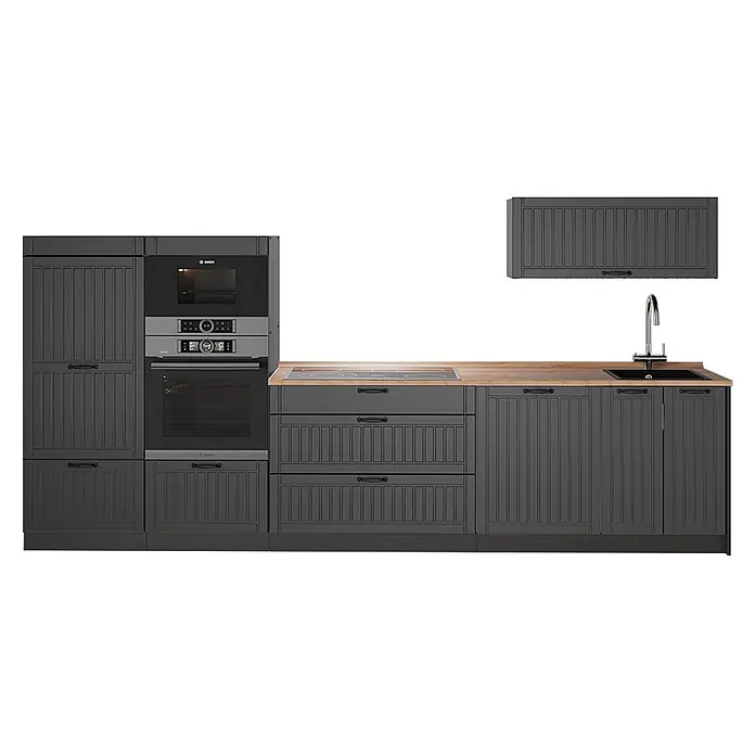 Vicco Küchenzeile - Breite: 340 cm, Dunkelgrau, Ohne Elektrogeräte - Dunkelgraue Küchenzeile mit integriertem Backofen, Kochfeld, Spüle, Holzplatte und Wandschränken.