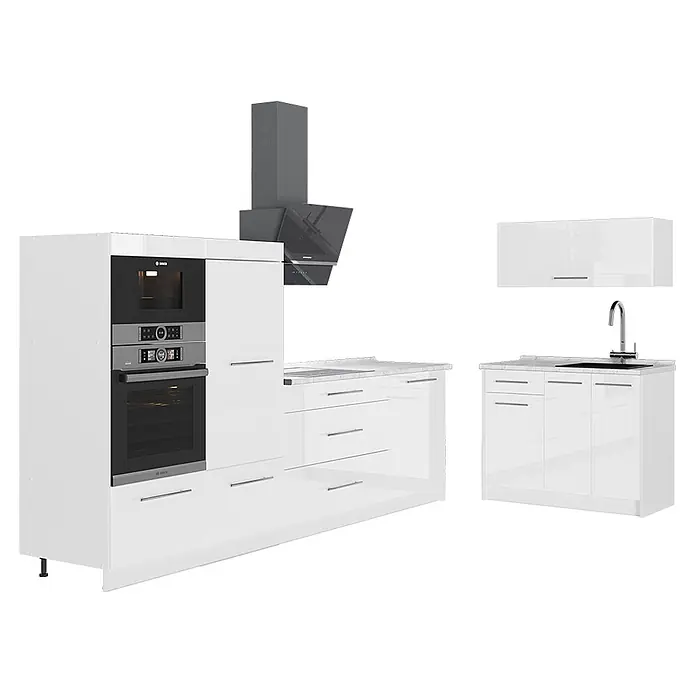 Vicco Küchenzeile - Weiß Hochglanz, Ohne Elektrogeräte - Weiße Hochglanz-Einbauküche mit integriertem Bosch Backofen, Mikrowelle, Dunstabzugshaube und Spüleneinheit.