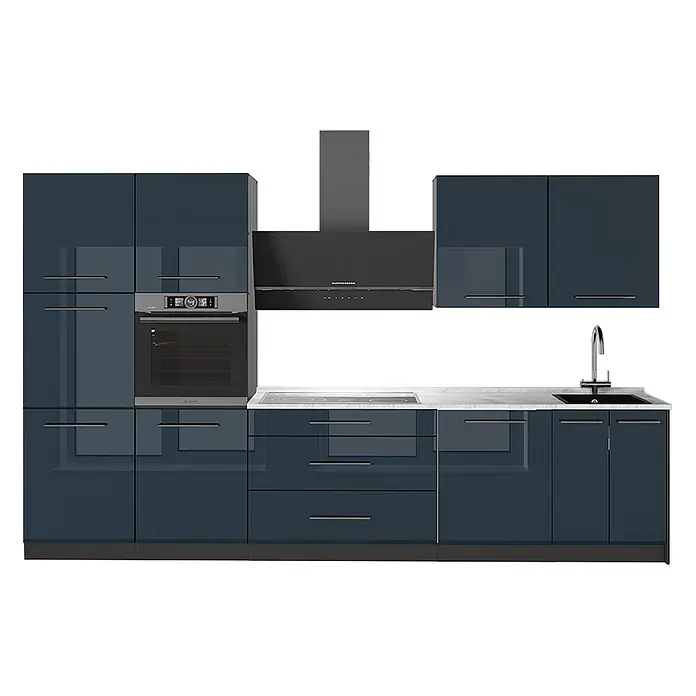 Vicco Küchenzeile - Dunkelblau Hochglanz, Ohne Elektrogeräte - Moderne Küchenzeile mit glänzenden marineblauen Schränken, integriertem Backofen, Kochfeld, Dunstabzugshaube und Spüle.