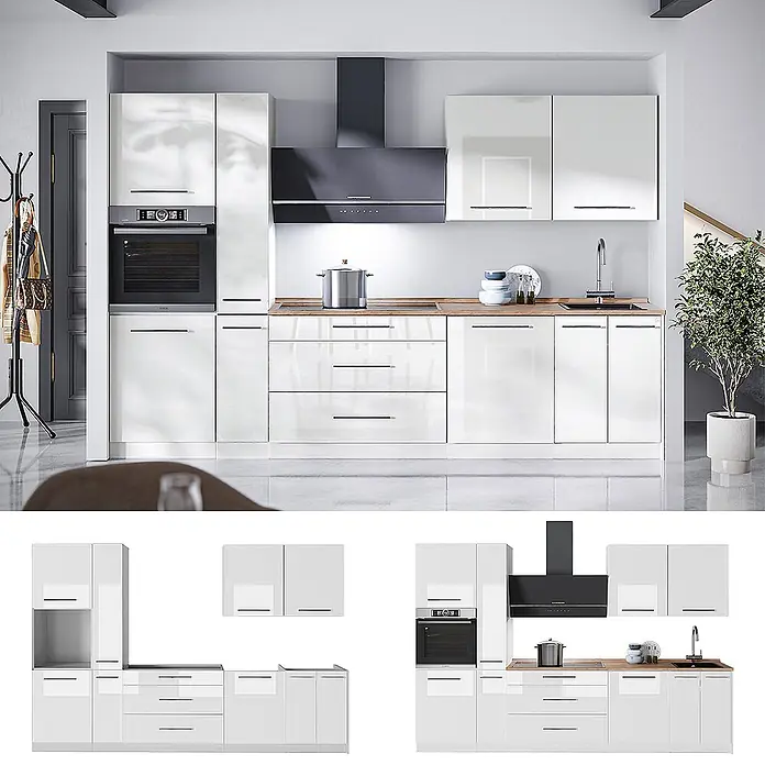 Vicco Küchenzeile - Weiß Hochglanz, Ohne Elektrogeräte - Moderne weiße Hochglanzküche mit Holzplatte, integriertem Ofen, Kochfeld, Spüle und schwarzer Dunstabzugshaube.